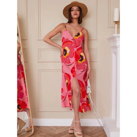 1 left! Sleeveless Button Up V-neck Open Back Printed Midi Dress - Picture 2 of 4